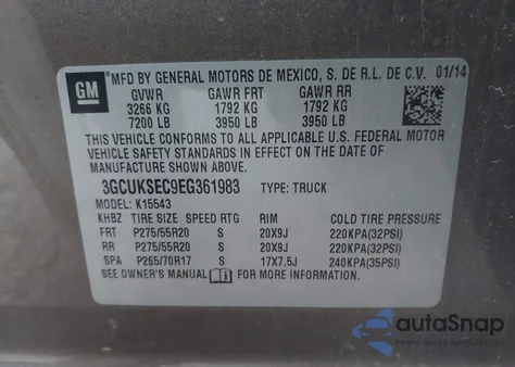2014 Chevrolet Silverado 1500 1Lz z USA, uszkodzony, nr VIN 3GCUKSEC9EG361983